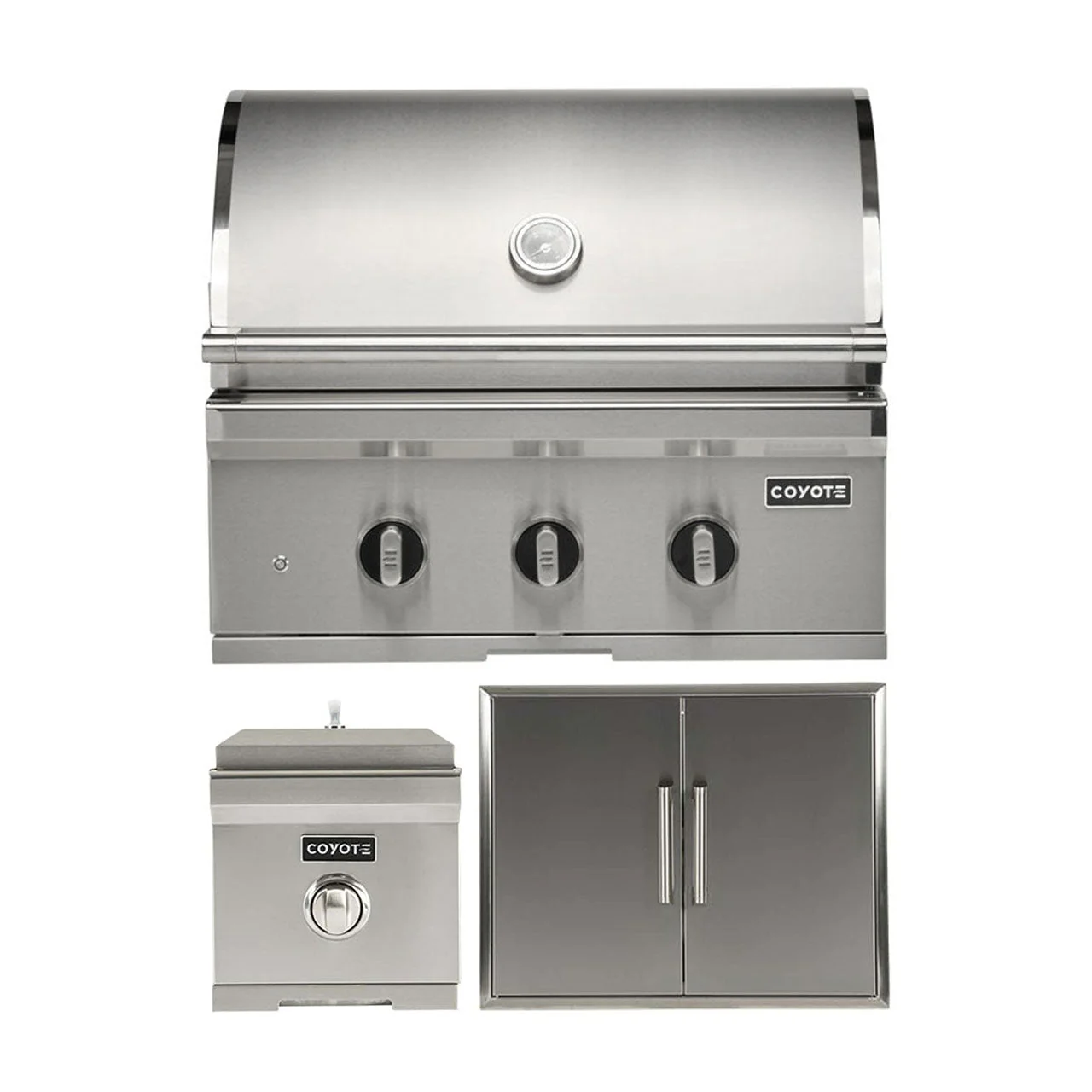 Coyote 30" SL-Series Grill Package - Includes SL-Series 30" Built-In Grill with Sear Zone & Rotisserie, 26" Double Access Door & Built-In Single Side Burner - C3SL30+CDA2426+C1SB